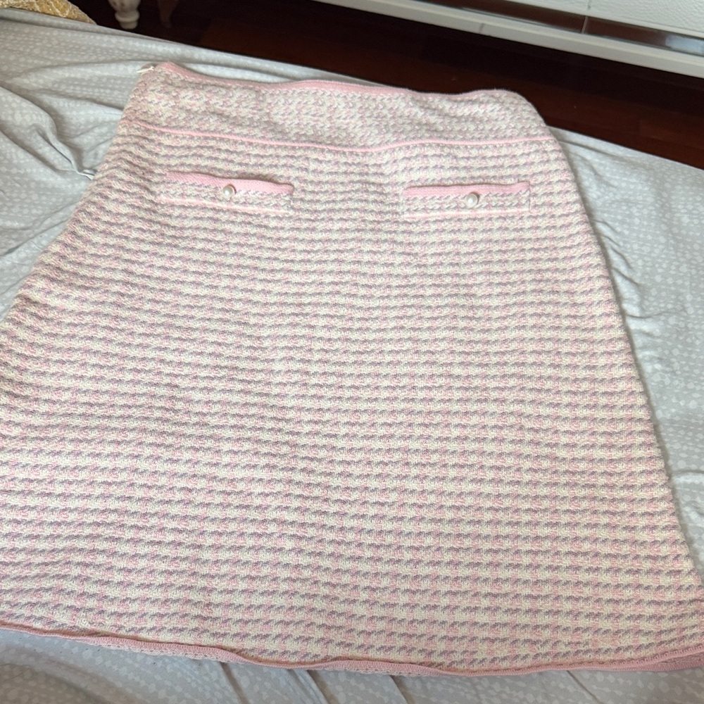 Sandro Pink Tweed A-Line Mini Skirt with Pearl Accent